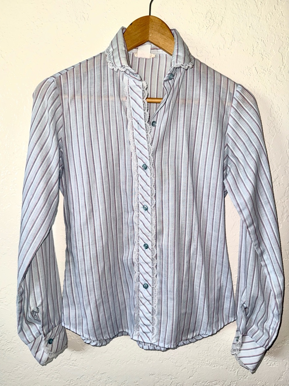 VTG 70’s Zenith Ruffle Tuxedo Blouse S Baby Blue White Striped Secretary Shirt